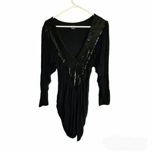 VTG Fredericks of Hollywood Women Shirred Dress Black Sequined Plunging Neck OS